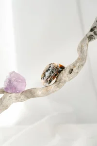 Pierre naturelle posée sur une branche de bois, symbole d'ancrage, d'équilibre et de libération émotionnelle.